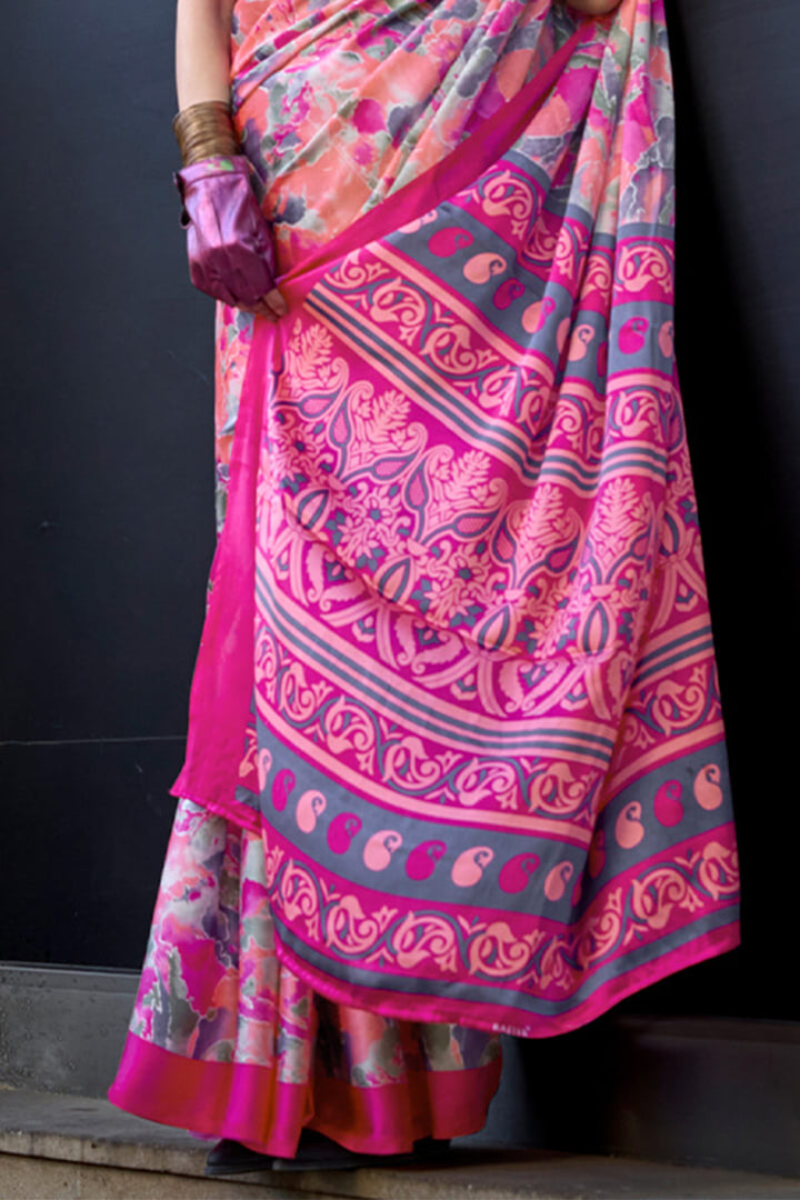 Sherbet Pink Printed Satin Silk Saree