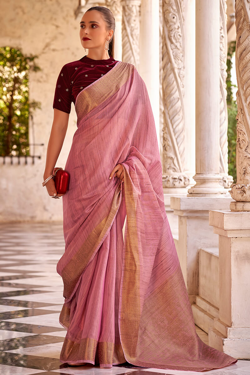 Sherbet Pink Tissue Linen Saree With Two Blouse Piece