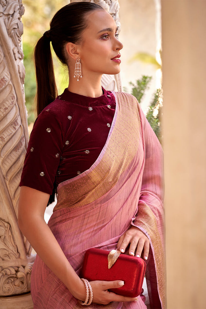 Sherbet Pink Tissue Linen Saree With Two Blouse Piece