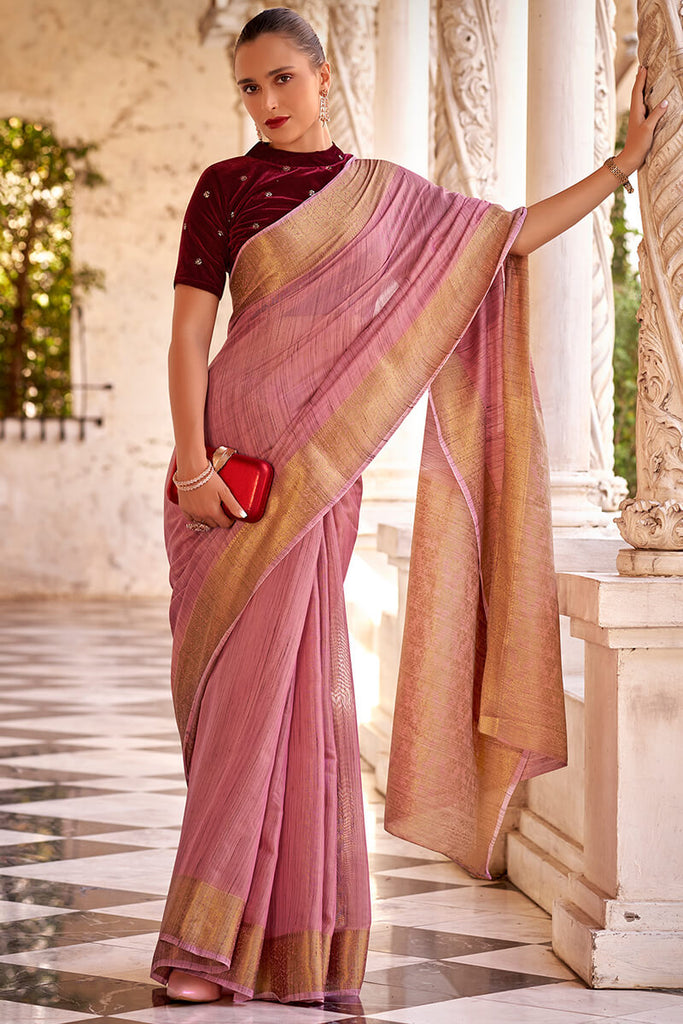 Sherbet Pink Tissue Linen Saree With Two Blouse Piece