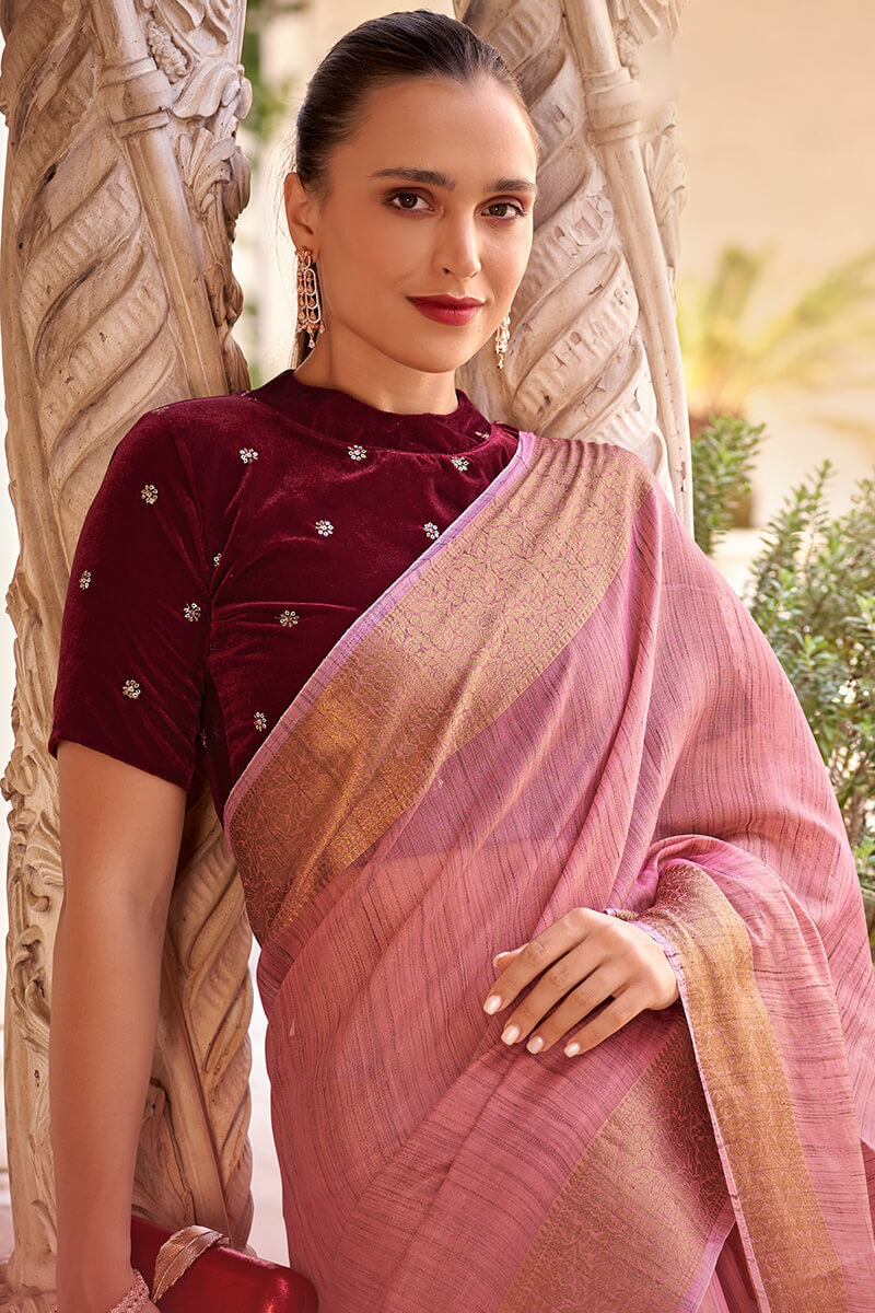 Sherbet Pink Tissue Linen Saree With Two Blouse Piece