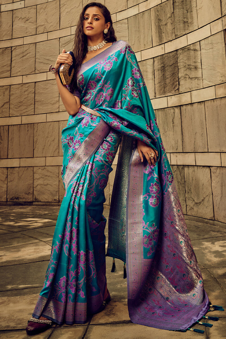 Sherpa Blue Banarasi Satin Silk Saree