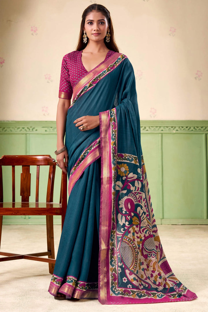 Sherpa Blue Printed Mul cotton Silk Saree