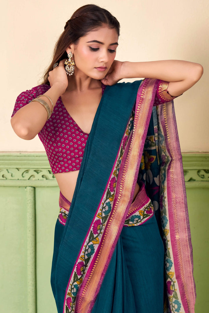 Sherpa Blue Printed Mul cotton Silk Saree