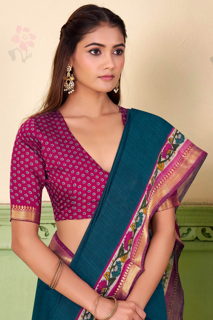 Sherpa Blue Printed Mul cotton Silk Saree