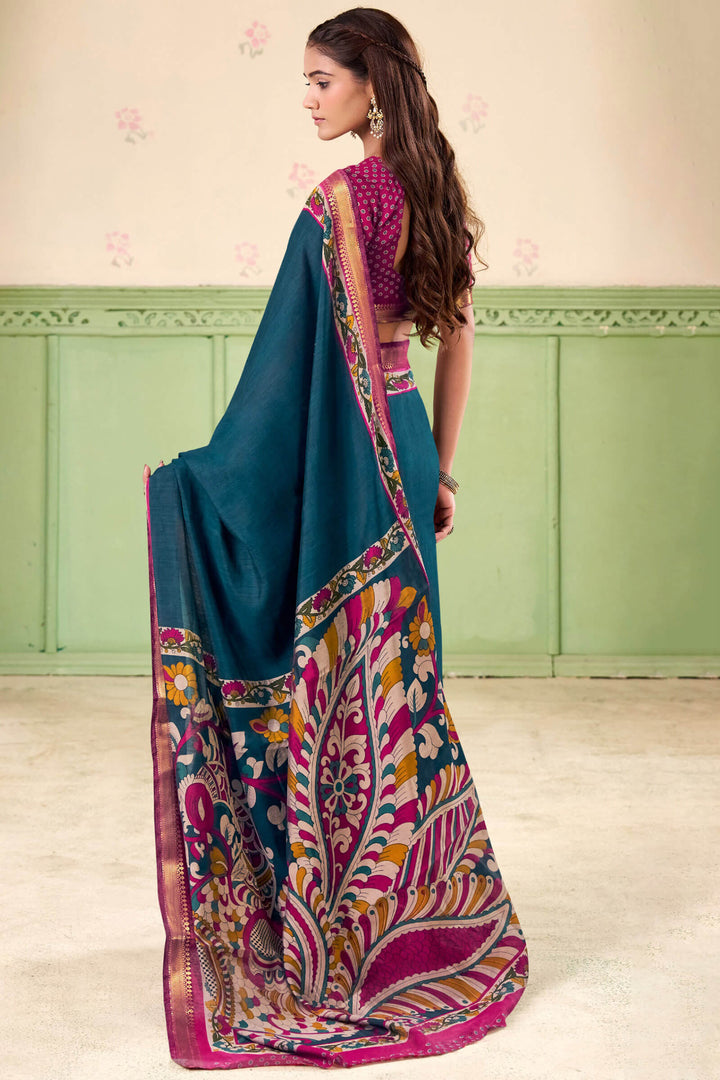 Sherpa Blue Printed Mul cotton Silk Saree