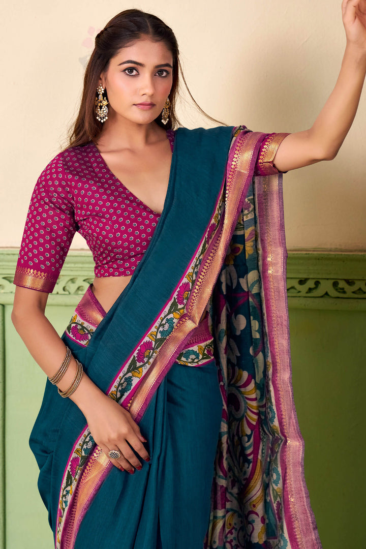 Sherpa Blue Printed Mul cotton Silk Saree