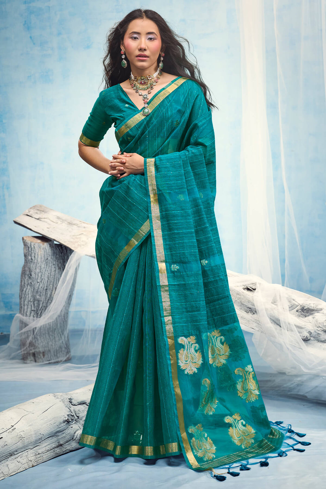 Sherpa Blue Zari Woven Pure Munga Cotton saree