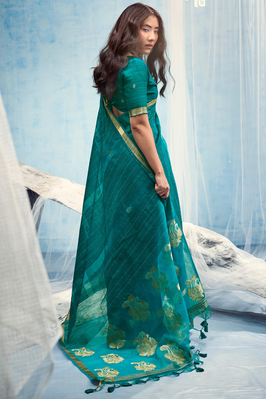 Sherpa Blue Zari Woven Pure Munga Cotton saree