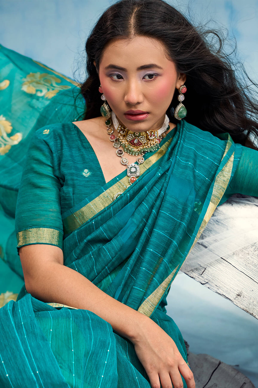 Sherpa Blue Zari Woven Pure Munga Cotton saree