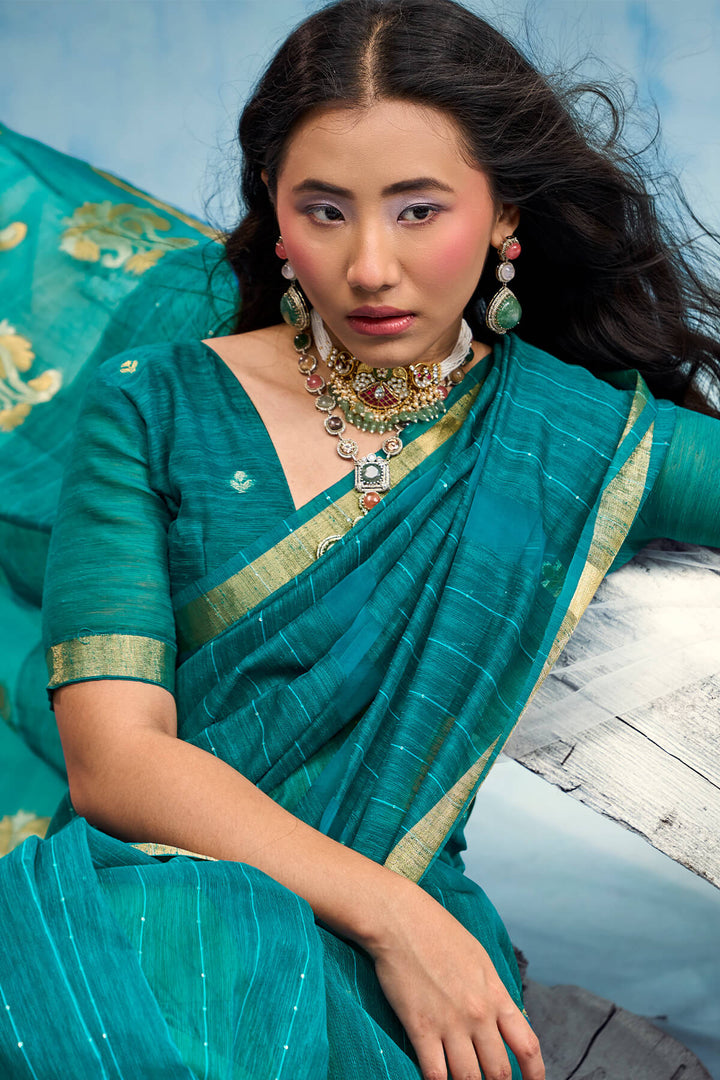 Sherpa Blue Zari Woven Pure Munga Cotton saree