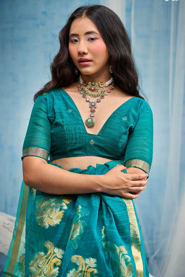 Sherpa Blue Zari Woven Pure Munga Cotton saree