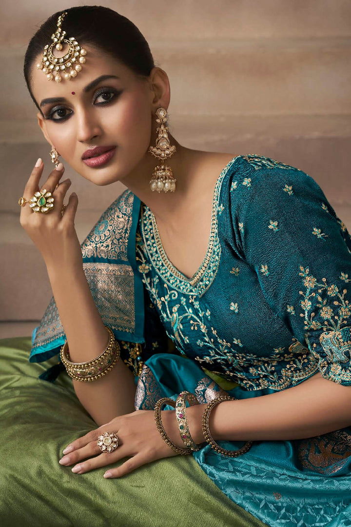 Sherpa Blue Zari Woven Satin Silk Saree With Heavy Embroidery Blouse Piece