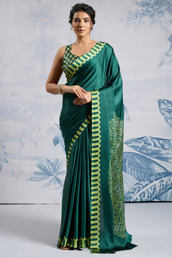 Sherwood Green Ajrakh Printed Satin Crepe Silk Saree