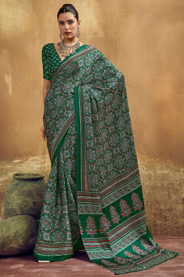 Sherwood Green Ajrakh Printed Satin Silk Saree