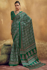 Sherwood Green Ajrakh Printed Satin Silk Saree