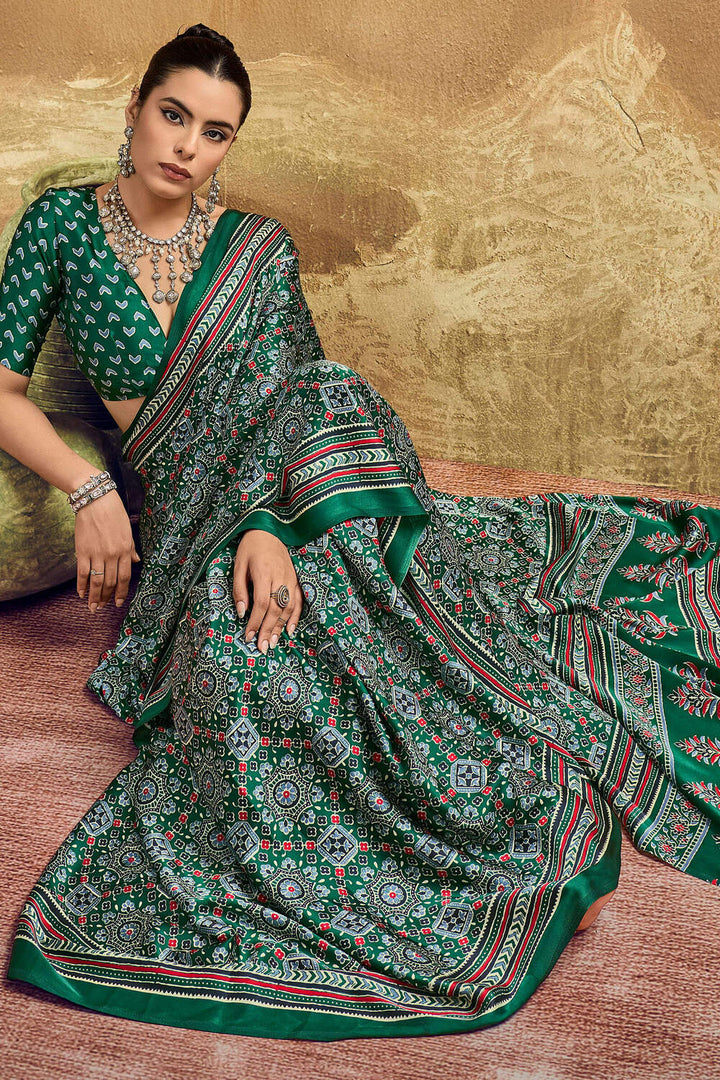 Sherwood Green Ajrakh Printed Satin Silk Saree