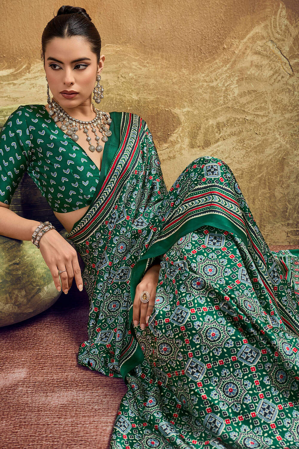Sherwood Green Ajrakh Printed Satin Silk Saree