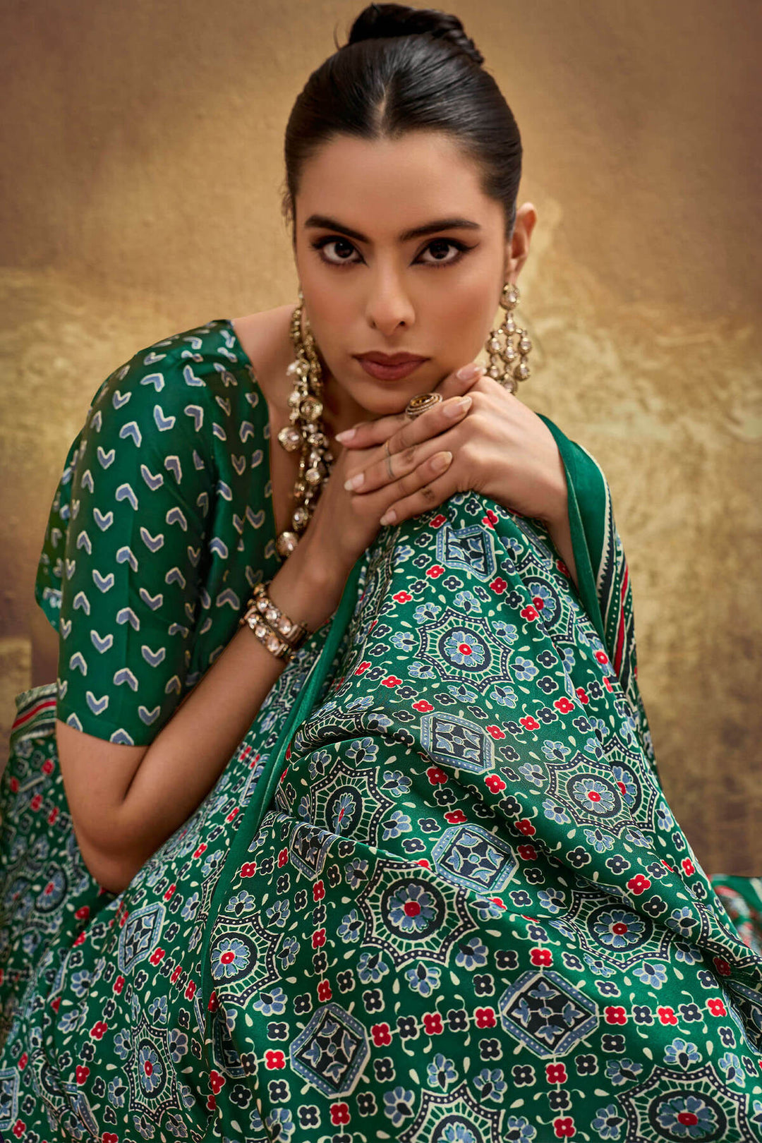 Sherwood Green Ajrakh Printed Satin Silk Saree