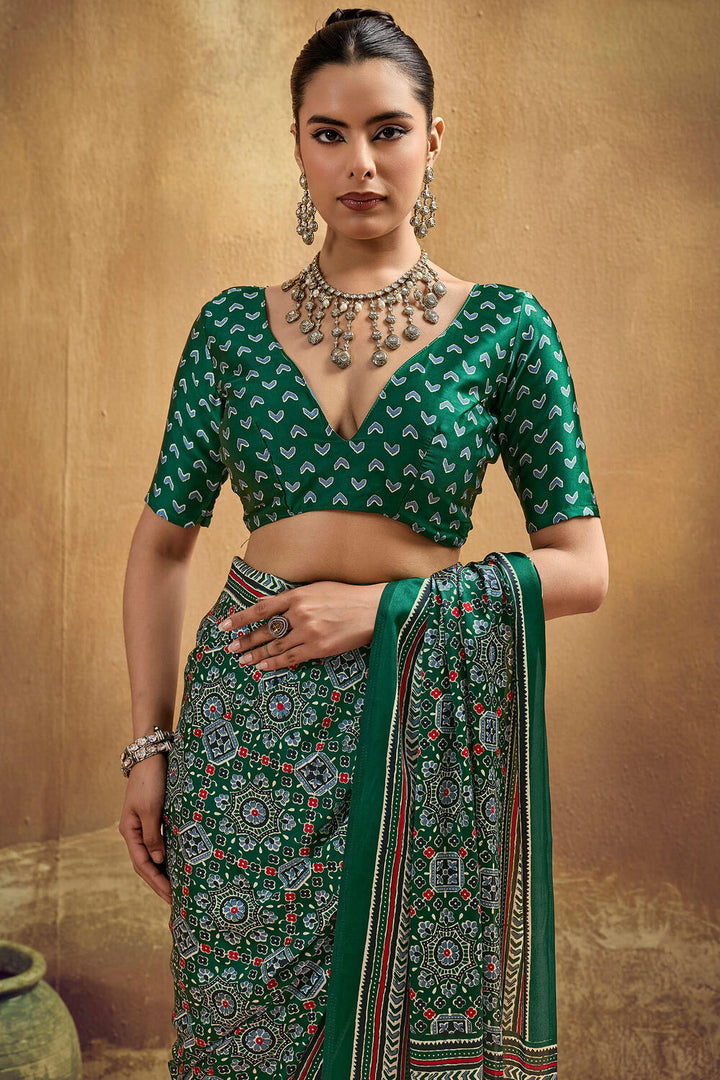 Sherwood Green Ajrakh Printed Satin Silk Saree