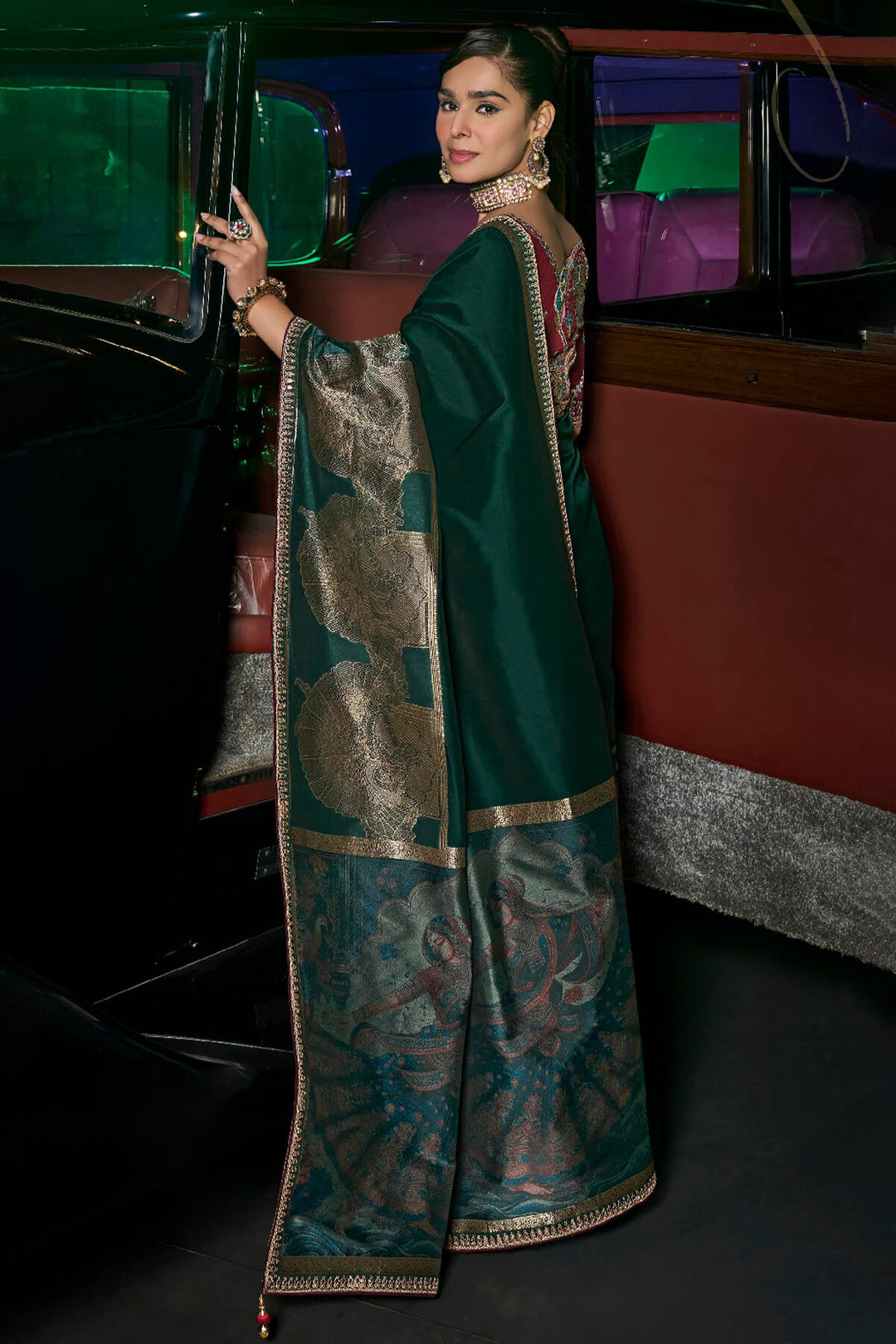 Sherwood Green Pure Silk Saree With Fancy Lace Border and Embroidery Blouse