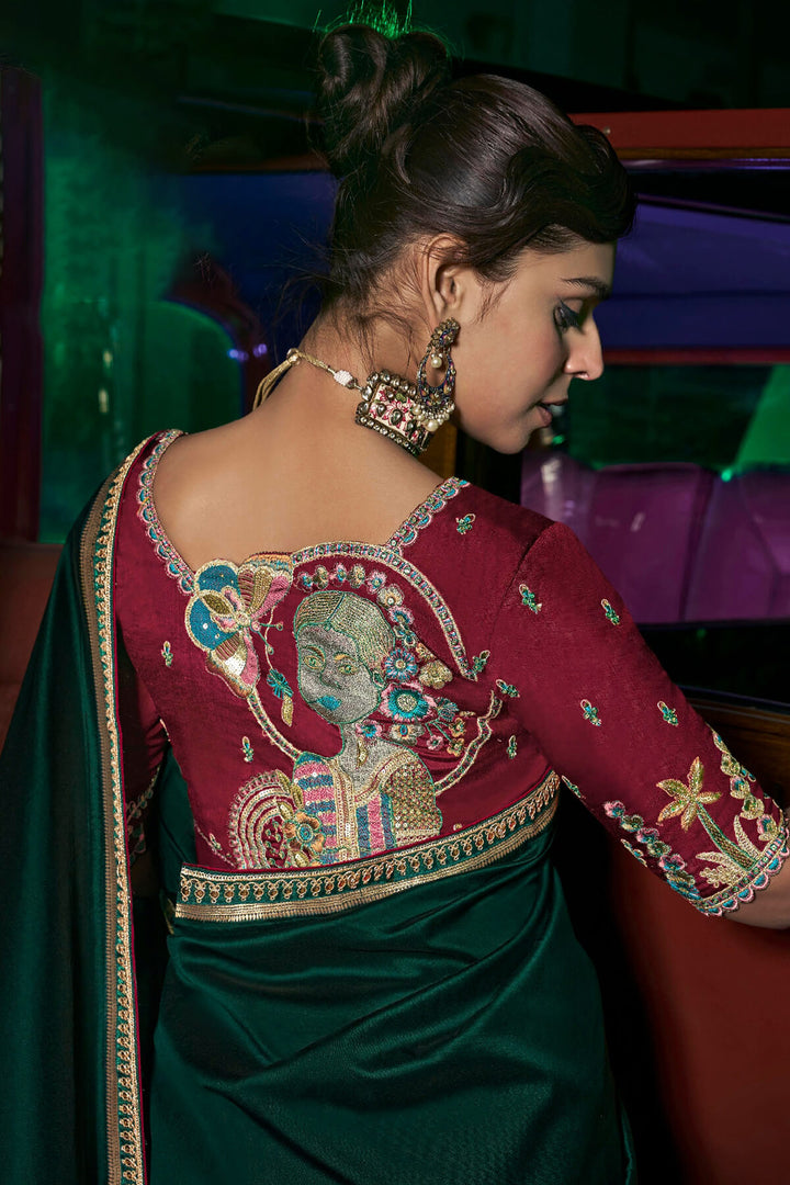 Sherwood Green Pure Silk Saree With Fancy Lace Border and Embroidery Blouse