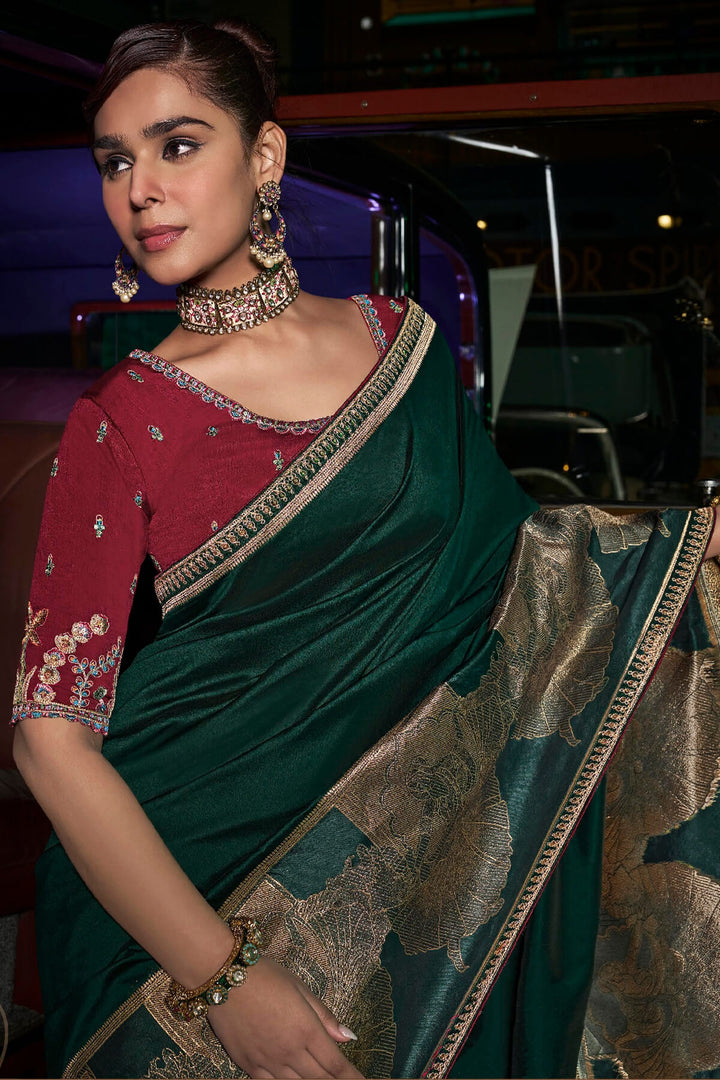 Sherwood Green Pure Silk Saree With Fancy Lace Border and Embroidery Blouse