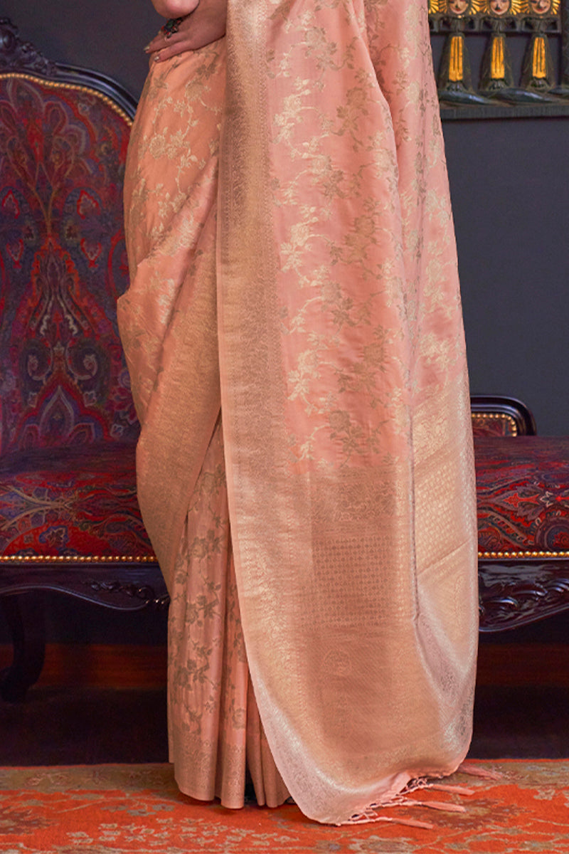 Shiny Peach Zari Woven Banarasi Silk Saree