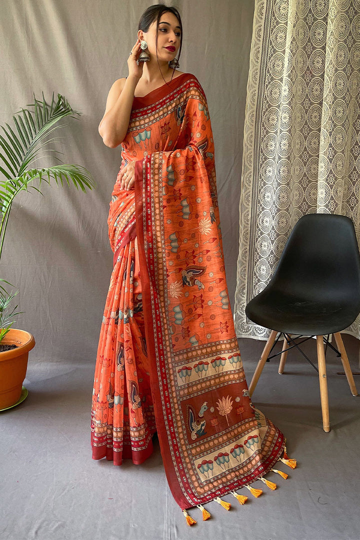 Shocking Orange Kalamkari Printed Cotton Silk Saree