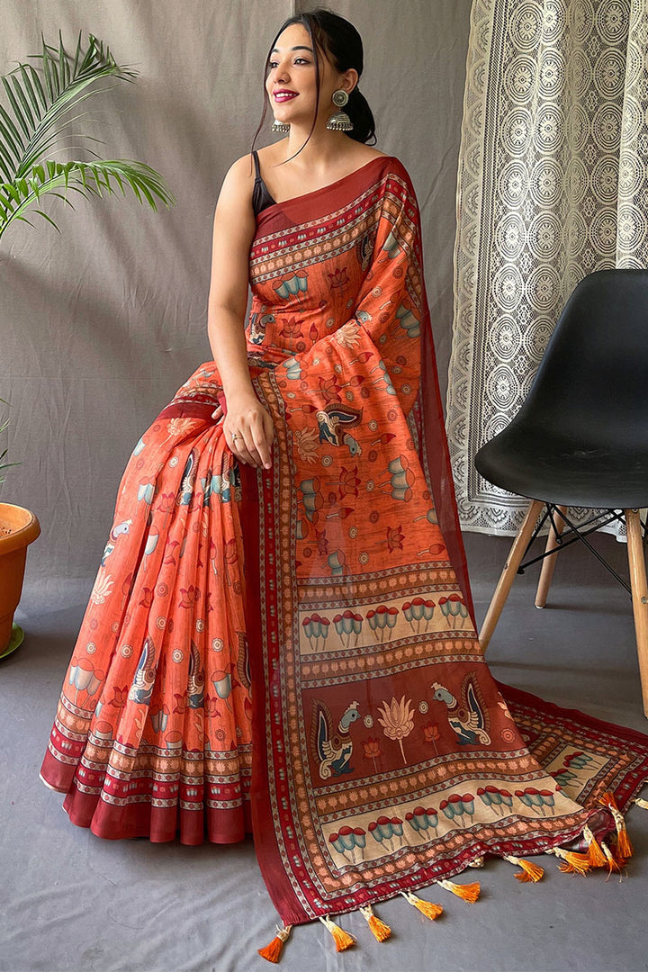 Shocking Orange Kalamkari Printed Cotton Silk Saree