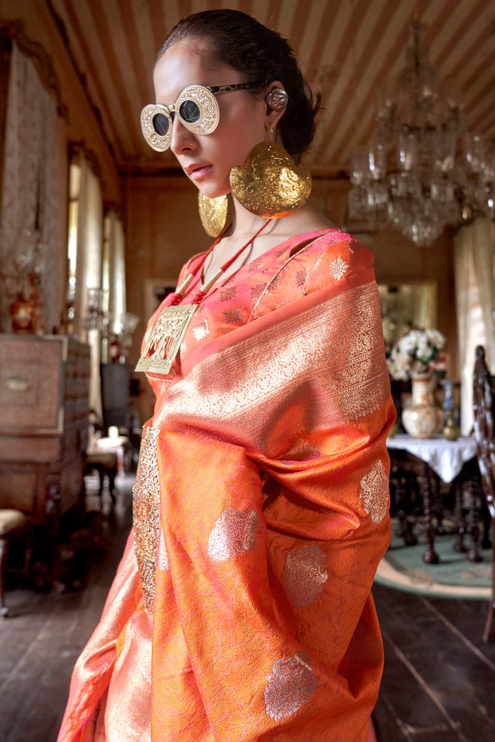 Shocking Orange Two tone Banarasi Silk Saree