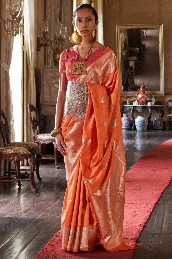 Shocking Orange Two tone Banarasi Silk Saree