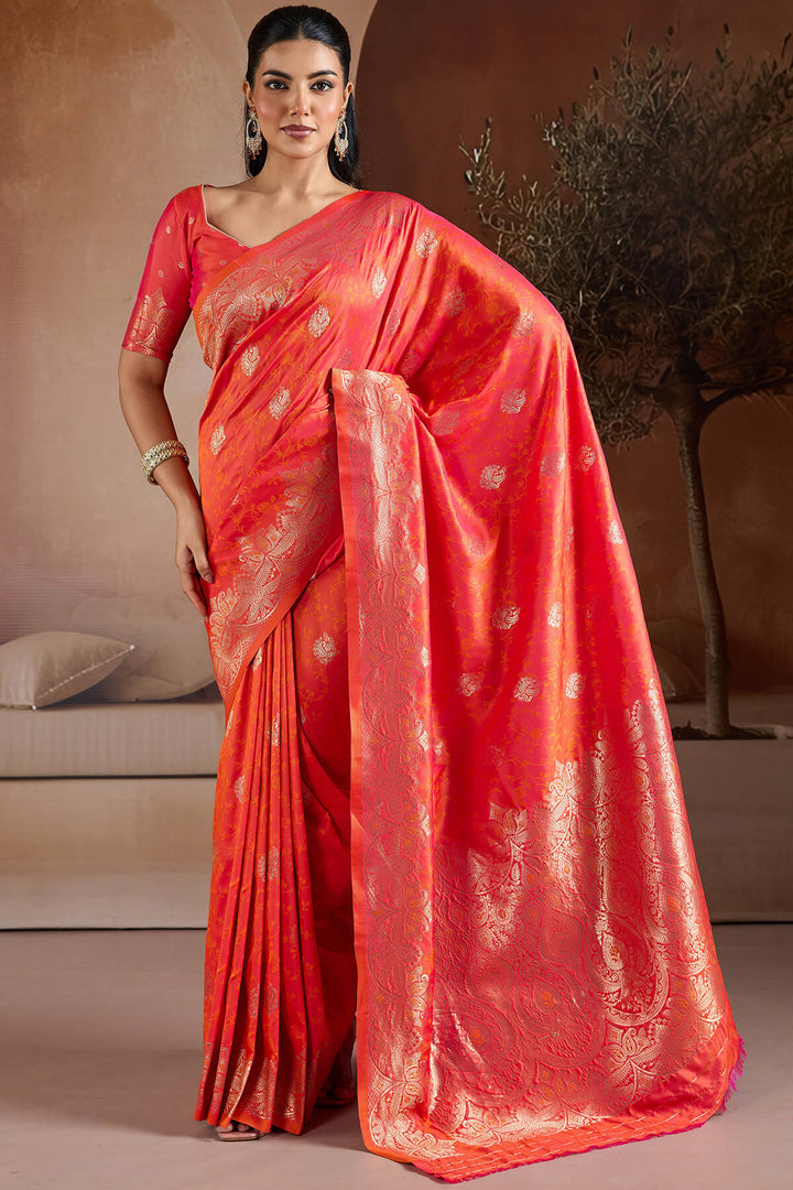 Shocking Orange Zari Handloom Soft Banarasi Silk Saree
