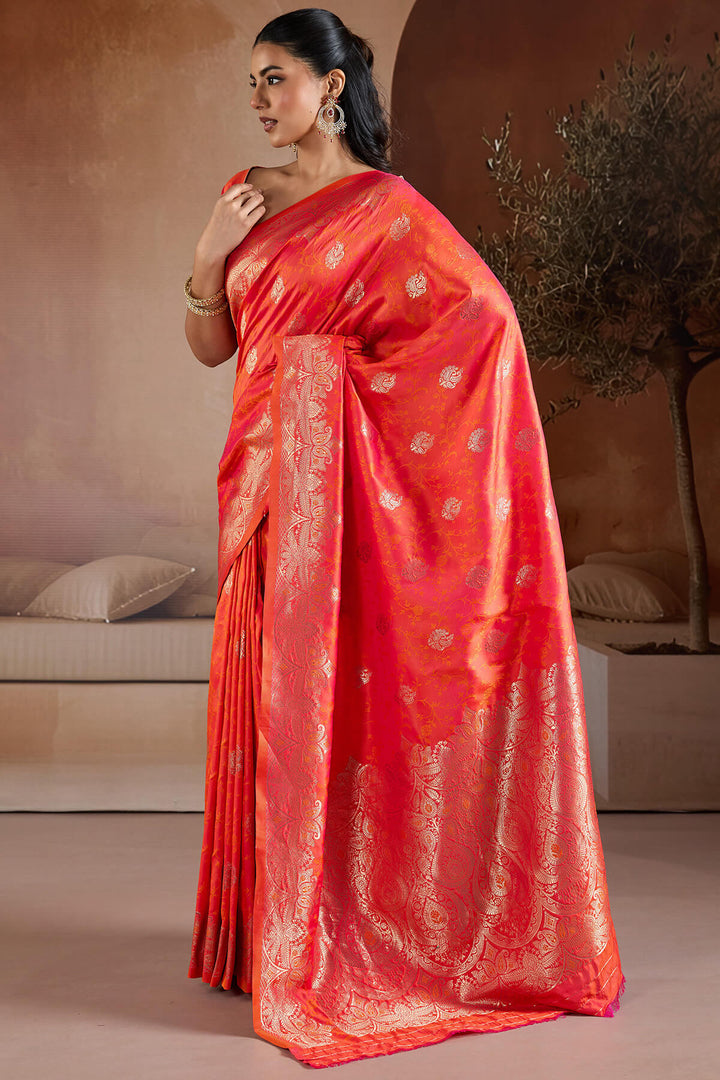 Shocking Orange Zari Handloom Soft Banarasi Silk Saree