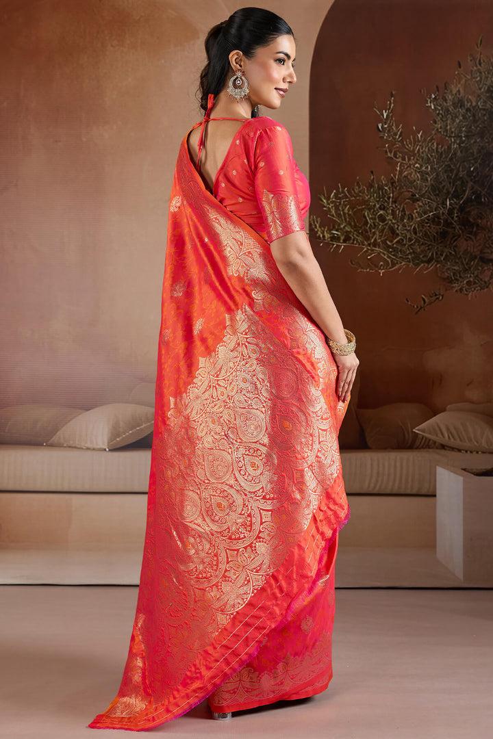 Shocking Orange Zari Handloom Soft Banarasi Silk Saree