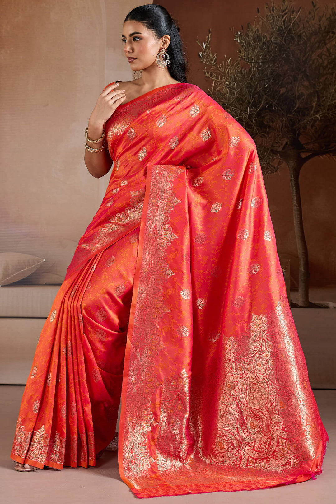 Shocking Orange Zari Handloom Soft Banarasi Silk Saree