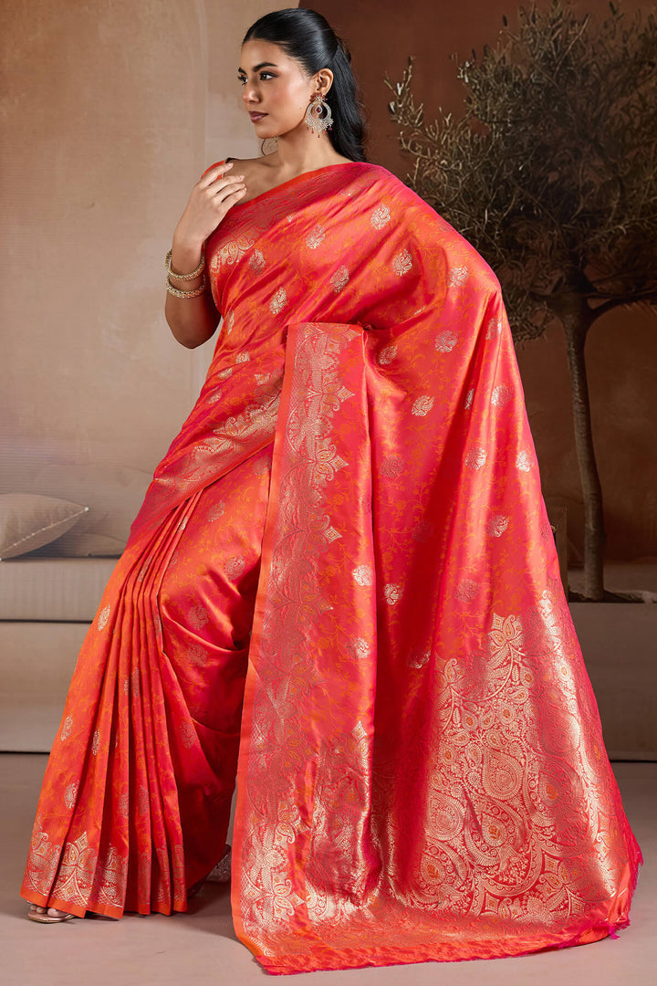 Shocking Orange Zari Handloom Soft Banarasi Silk Saree