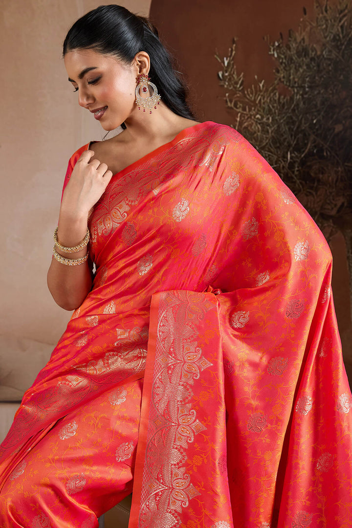 Shocking Orange Zari Handloom Soft Banarasi Silk Saree