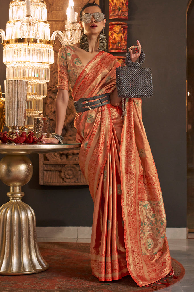 Shocking Orange Zari Woven Handloom Banarasi Silk Saree