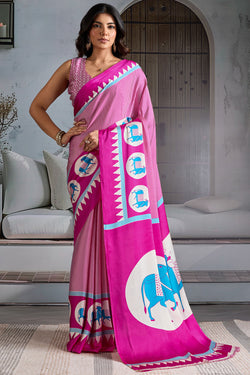 Shocking Pink Ajrakh Printed Satin Crepe Silk Saree