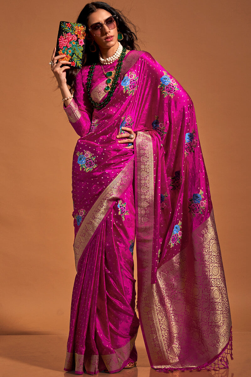 Shocking Pink Handloom Woven Satin Silk Saree