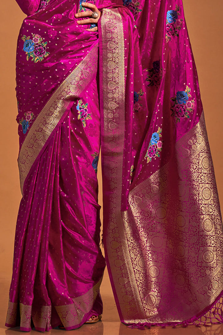 Shocking Pink Handloom Woven Satin Silk Saree