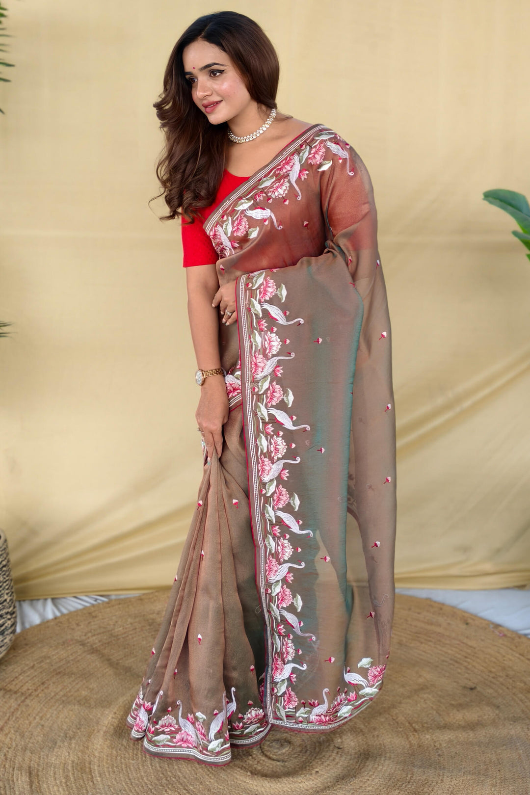 Shuttle Grey Embroiedery Work Two Tone Silk Saree