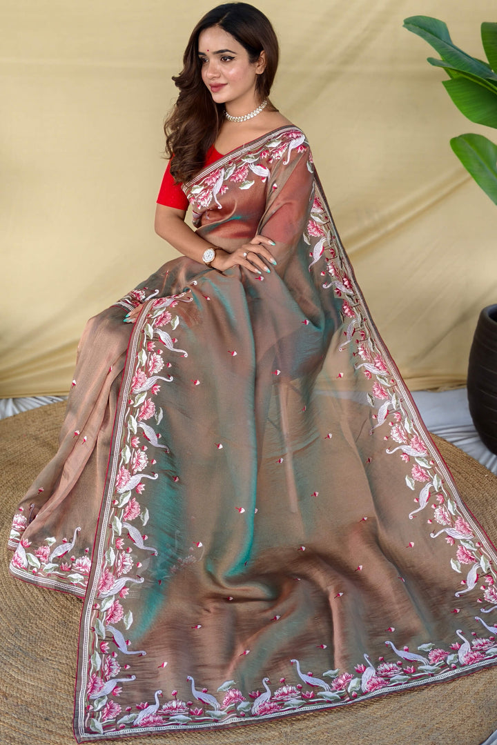 Shuttle Grey Embroiedery Work Two Tone Silk Saree