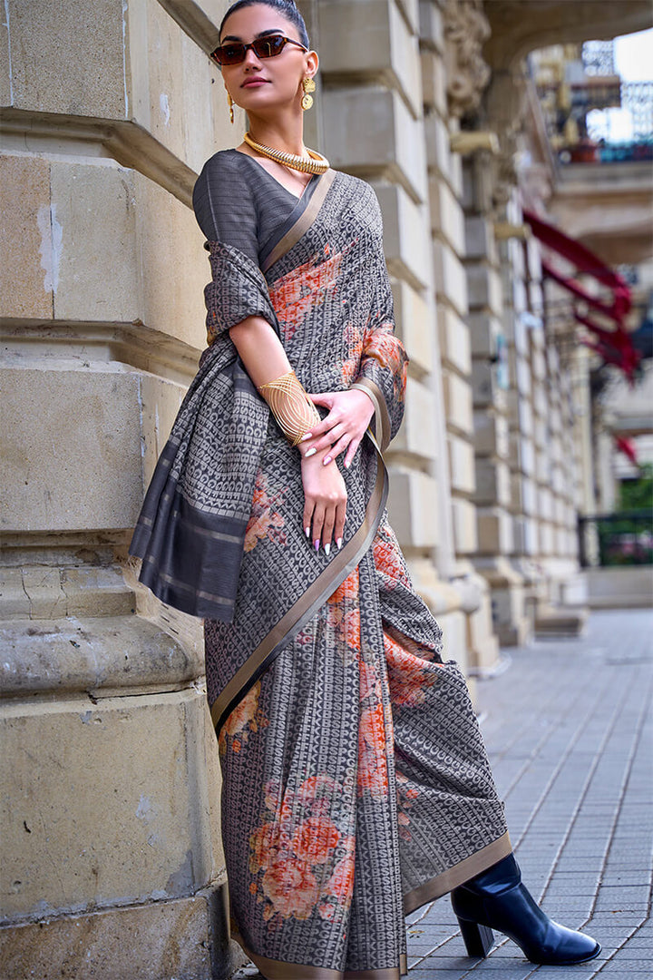 Shuttle Grey Printed Handloom Weaving Silk Saree