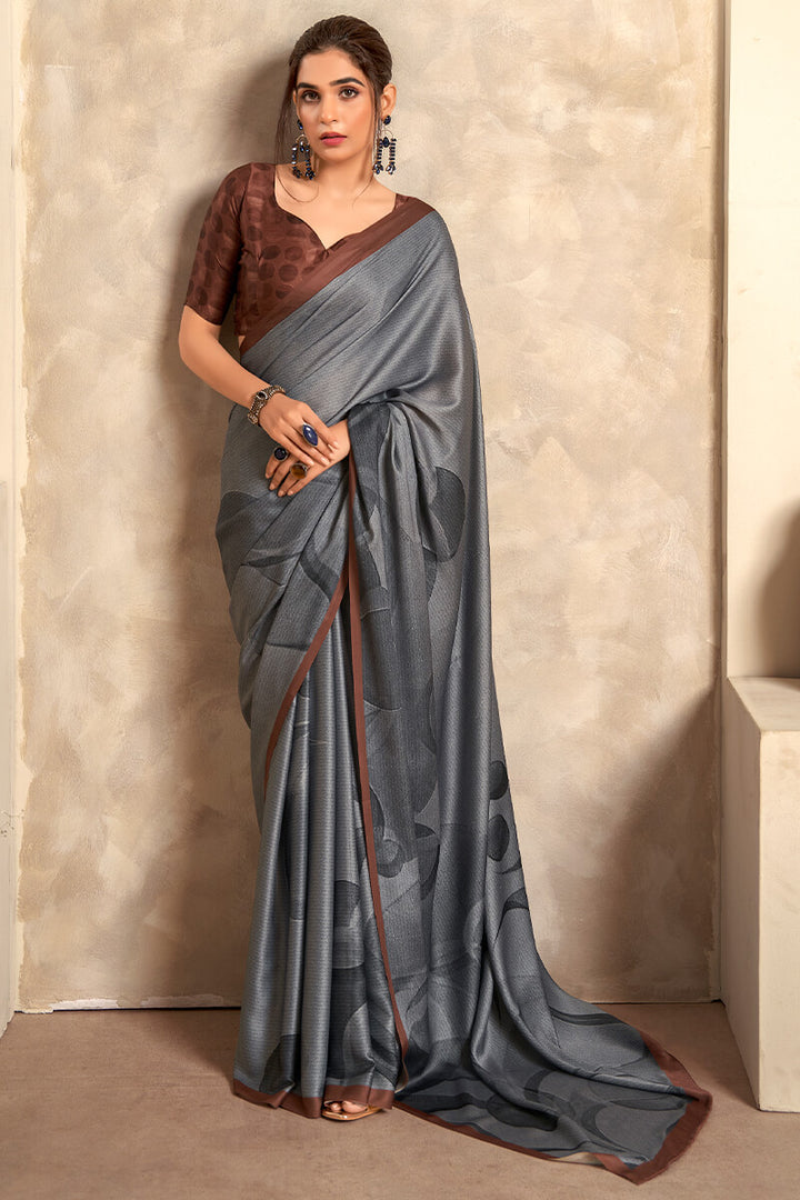 Shuttle Grey Printed Satin Silk Saree