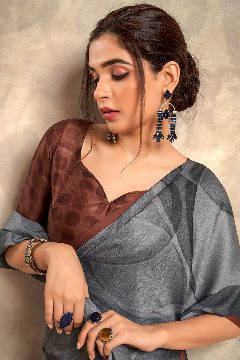 Shuttle Grey Printed Satin Silk Saree