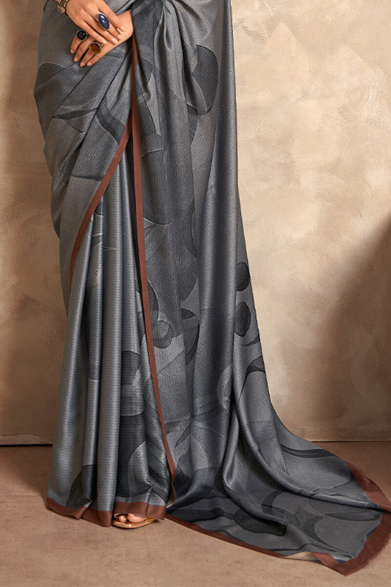 Shuttle Grey Printed Satin Silk Saree