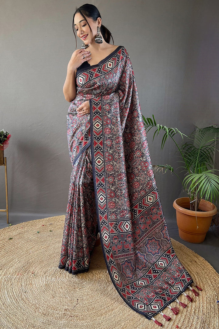 Shuttle Grey Printed Soft Silk Saree