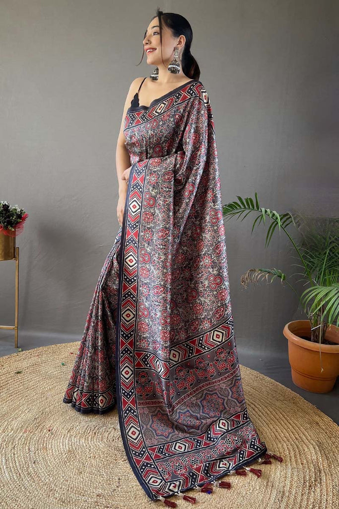 Shuttle Grey Printed Soft Silk Saree